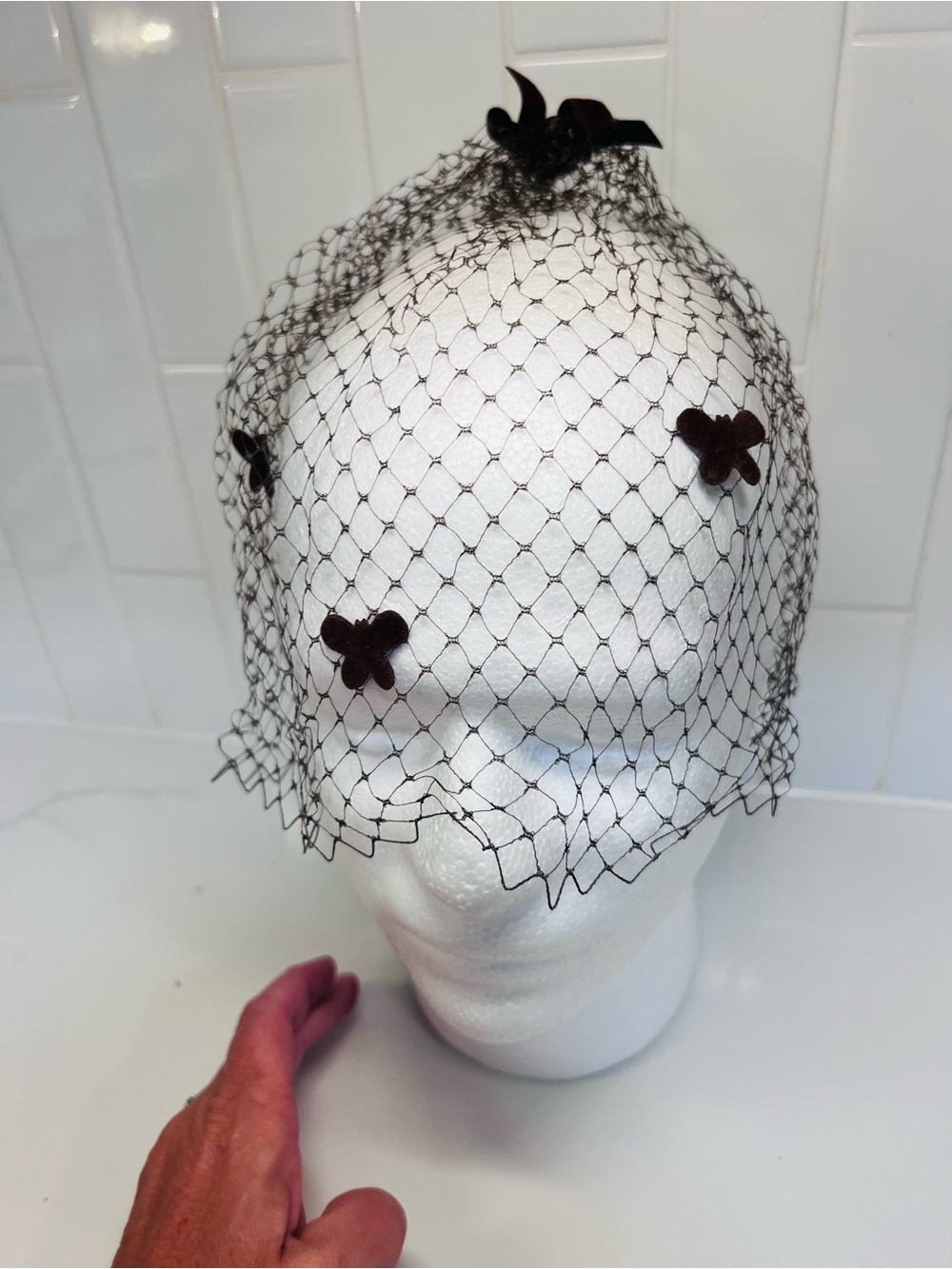 Vintage 60s Birdcage Hair Net Veil Bows Set Of 2 Brown Black